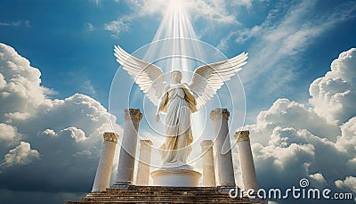 A heavenly angel in front of columns rising from clouds into the sky. Stock Photo