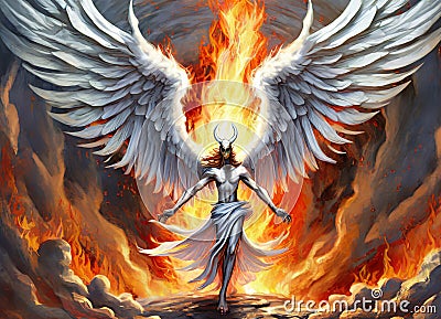 A heavenly angel with white wings wards off a winged devil or demon within a wall of flames. Stock Photo