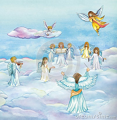 Heavenly Angels choir singing in heaven Cartoon Illustration