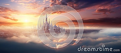 The heavenly city, the heavenly Jerusalem, the kingdom of God in the sky among the clouds. Generation AI Stock Photo