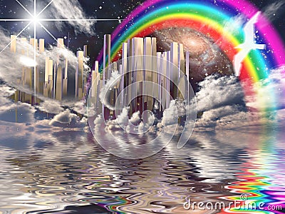 Heavenly City. Rainbow in the sky Stock Photo