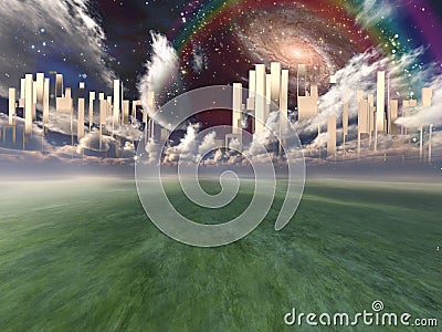 Heavenly City. Rainbow in the sky Stock Photo