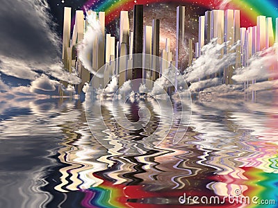 Heavenly City. Rainbow in the sky Stock Photo