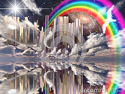 Heavenly City. Rainbow in the sky Stock Photo