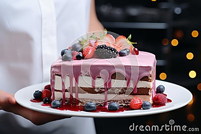 Heavenly confection hands showcase a masterpiece mousse cake Stock Photo