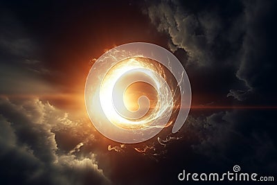 Heavenly dance, Solar eclipse amidst clouded sky and radiant sun flare Stock Photo