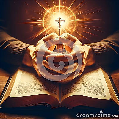 Heavenly Devotion Folded Hands Rest on the Holy Bible Generative ai for illustrations Stock Photo