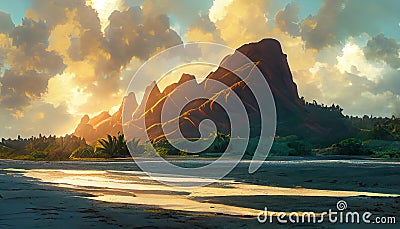 Heavenly horizo. Hawaiian peaks, palm trees, and dawn's embrace. Fantasy fictional image. AI-generated Stock Photo