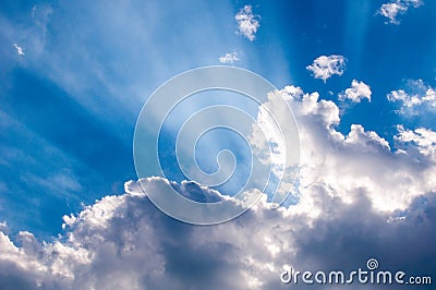 Heavenly sunrays through clouds, wallpaper for desktop Stock Photo