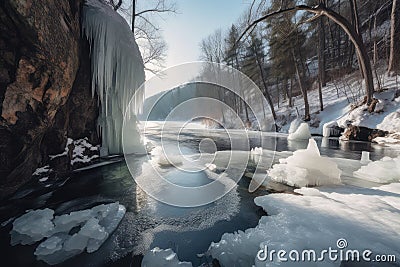 heavenly view of wintery river frozen over with icicles hanging from the edge Stock Photo