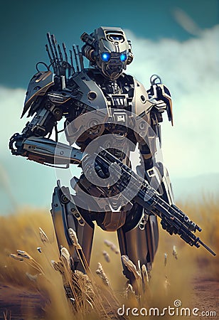 Heavily armed combat robot. AI generated Stock Photo