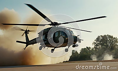 A heavily armed gunship helicopter hovering over a dramatic battlefield Stock Photo