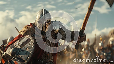 A heavilyarmored Norman knight wielding a massive battleaxe and charging into the midst of the enemys forces Stock Photo