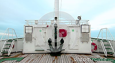 Heavy anchor locate at the bow of the deep sea fisheries ship Stock Photo