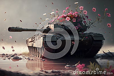 Tank shooting flowers - peace concept Stock Photo