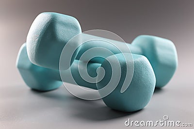 Heavy blue dumbbells for workout, plan weight loss, sport activity, get physical Stock Photo