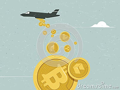 Heavy bomber dropping bitcoin/ cryptocurrency, cryptocurrency popularity Vector Illustration