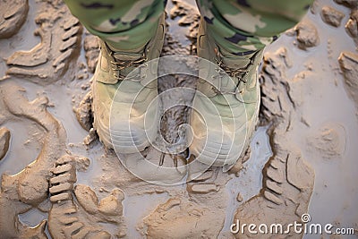 heavy boot imprint in soft mud, detailed Stock Photo