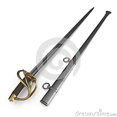 Heavy Cavalry Sabre with Sheath on white. 3D illustration Cartoon Illustration