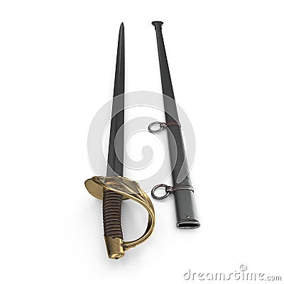 Heavy Cavalry Sabre with Sheath on white. 3D illustration Cartoon Illustration