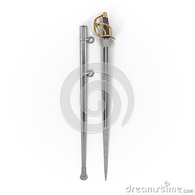 Heavy Cavalry Sabre with Sheath on white. 3D illustration Cartoon Illustration