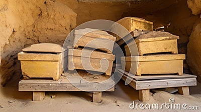 Heavy coffins lie on sand floor in an very small old dusty cemetery crypt in a cave Stock Photo