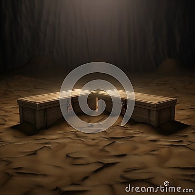 Heavy coffins lie on sand floor in an very small old dusty cemetery crypt in a cave Stock Photo