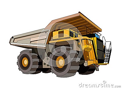 Heavy construction equipment dump mining truck in yellow black. Industrial machinery and equipment. Isolated vector on white Vector Illustration