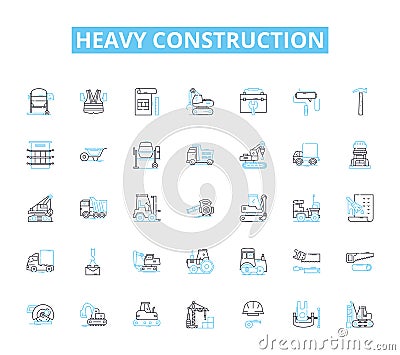 Heavy construction linear icons set. Excavation, Bulldozer, Grader, Crane, Backhoe, Trencher, Roller line vector and Vector Illustration