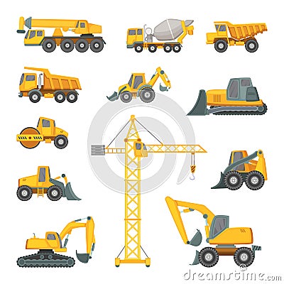 Heavy construction machines. Excavator, bulldozer and other technique. Vector illustrations in cartoon style Vector Illustration