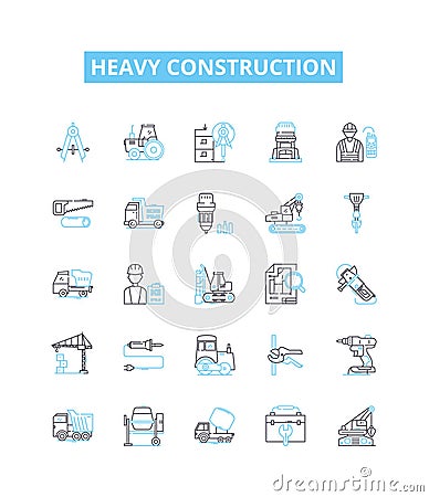 Heavy construction vector line icons set. Heavy, Construction, Excavation, Demolition, Equipment, Machines, Cranes Vector Illustration