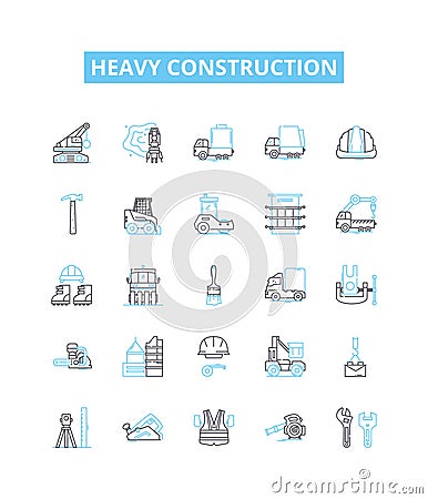 Heavy construction vector line icons set. Heavy, Construction, Excavation, Demolition, Equipment, Machines, Cranes Vector Illustration