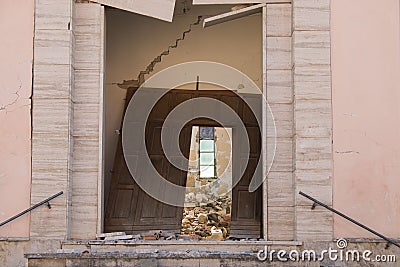 Heavy damage after earthquake abandoned destroyed church Stock Photo