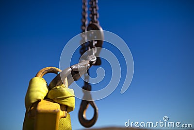 Heavy duty lifting hook, clipping into crane hook lifting lug ready to lift load Stock Photo