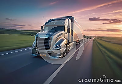 A heavy-duty truck drives along the highway and carries goods, transportation and logistics, timely delivery of goods by road, Cartoon Illustration
