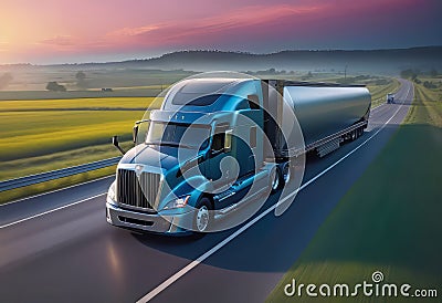 A heavy-duty truck drives along the highway and carries goods, transportation and logistics, timely delivery of goods by road, Cartoon Illustration