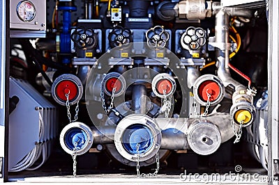 Heavy duty water hoses on firefighter vehicle Stock Photo