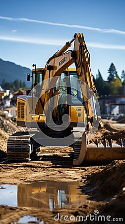 Heavy equipment in action: Caterpillar excavator digs, overlooking construction site and concrete pipe. Stock Photo