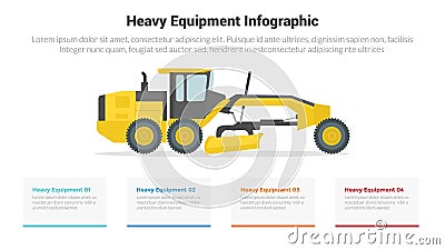 heavy equipment machine infographics template diagram with wheel tractor scrapers, with 4 point step creative design for slide Stock Photo