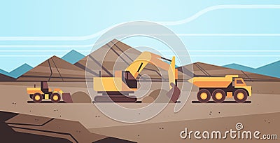 Heavy excavator loading soil on dump truck professional equipment working on coal mine production mining transport Vector Illustration