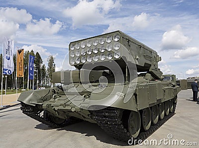 Heavy flamethrower system TOS-1A at the exhibition Of the international military-technical forum `Army-2020`. Editorial Stock Photo