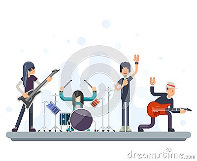 Heavy Hard Rock Folk Group Band Music Icons Guitarist Singer Bassist Drummer Concept Flat Design Vector Illustration Vector Illustration