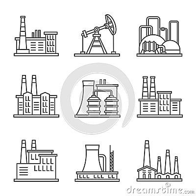 Heavy industry power plant and factory thin line vector icons Vector Illustration