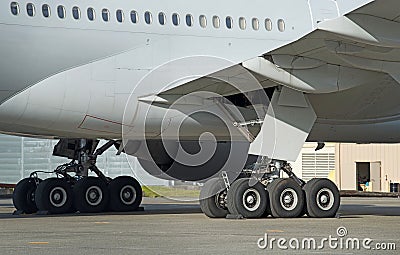 Heavy jumbo jet Main landing gear wheels closeup Stock Photo