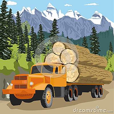 Heavy loaded logging truck in forest in mountains Vector Illustration