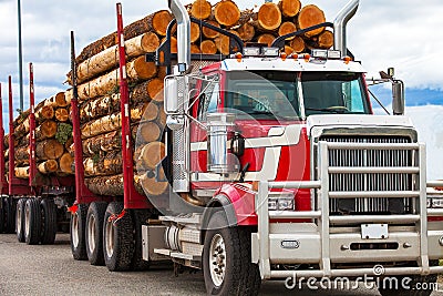 Heavy loaded timber transport truck in Canada Stock Photo