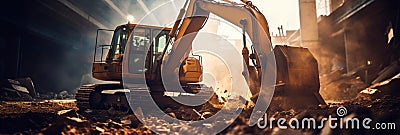 heavy machinery in action, highlighting the raw power and force used to dismantle the structure. Stock Photo