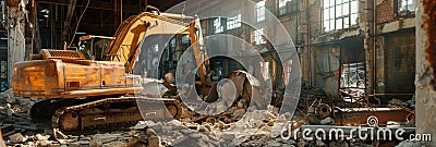 heavy machinery in action, highlighting the raw power and force used to dismantle the structure. Stock Photo