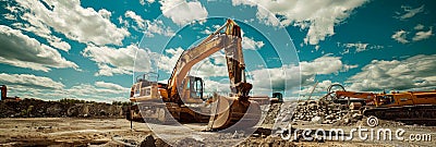 heavy machinery in action, highlighting the raw power and force used to dismantle the structure. Stock Photo