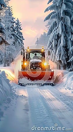 Heavy machinery clears winter road, ensuring safe travel conditions Stock Photo